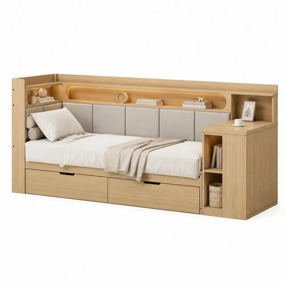 Letto singolo con contenitore cassetti libreria integrata e pannelli imbottiti in MDF effetto legno naturale beige 240 x 110 x 105 cm