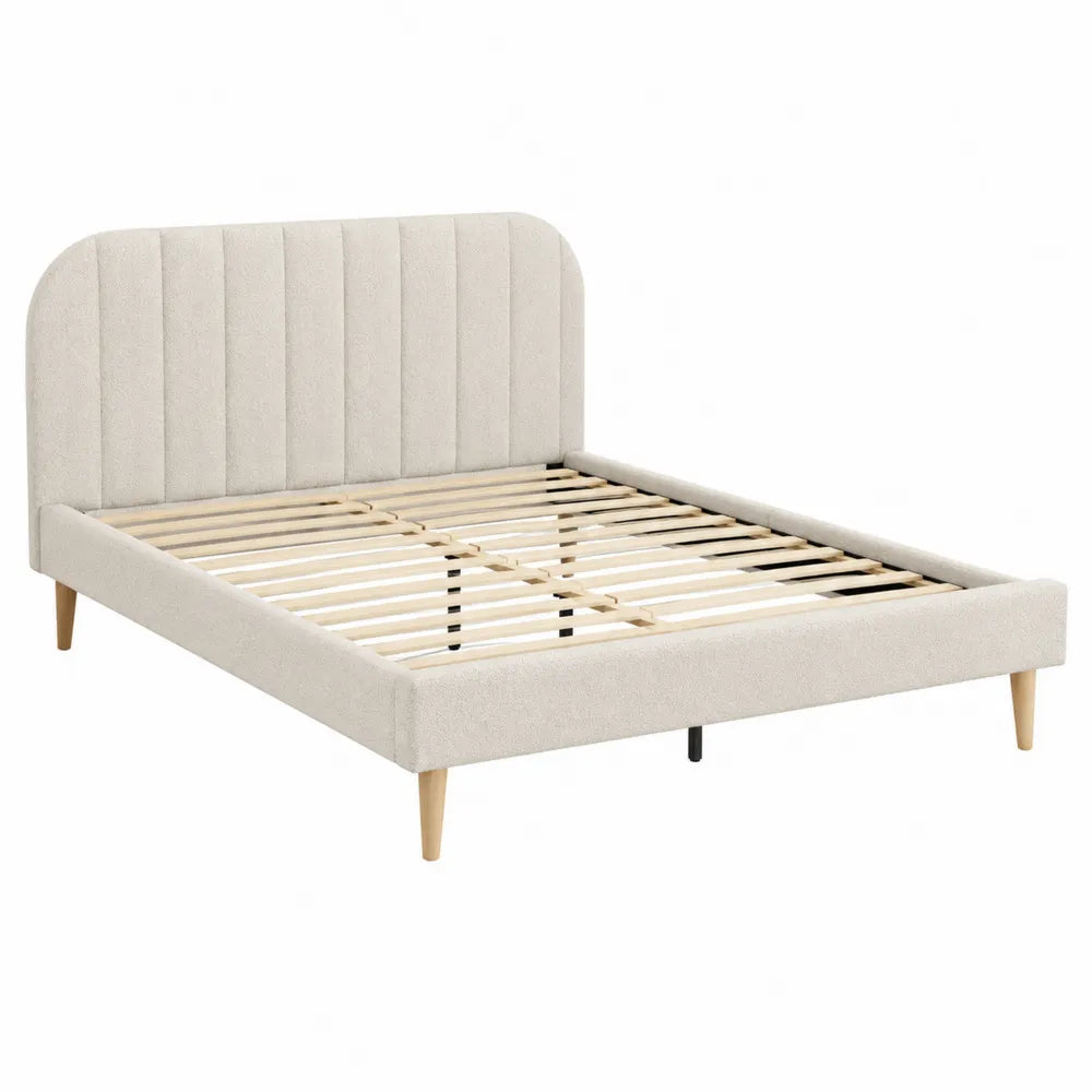 Letto matrimoniale imbottito in tessuto poliestere struttura in legno massello di pino rete a doghe testiera imbottita beige 160 x 200 cm