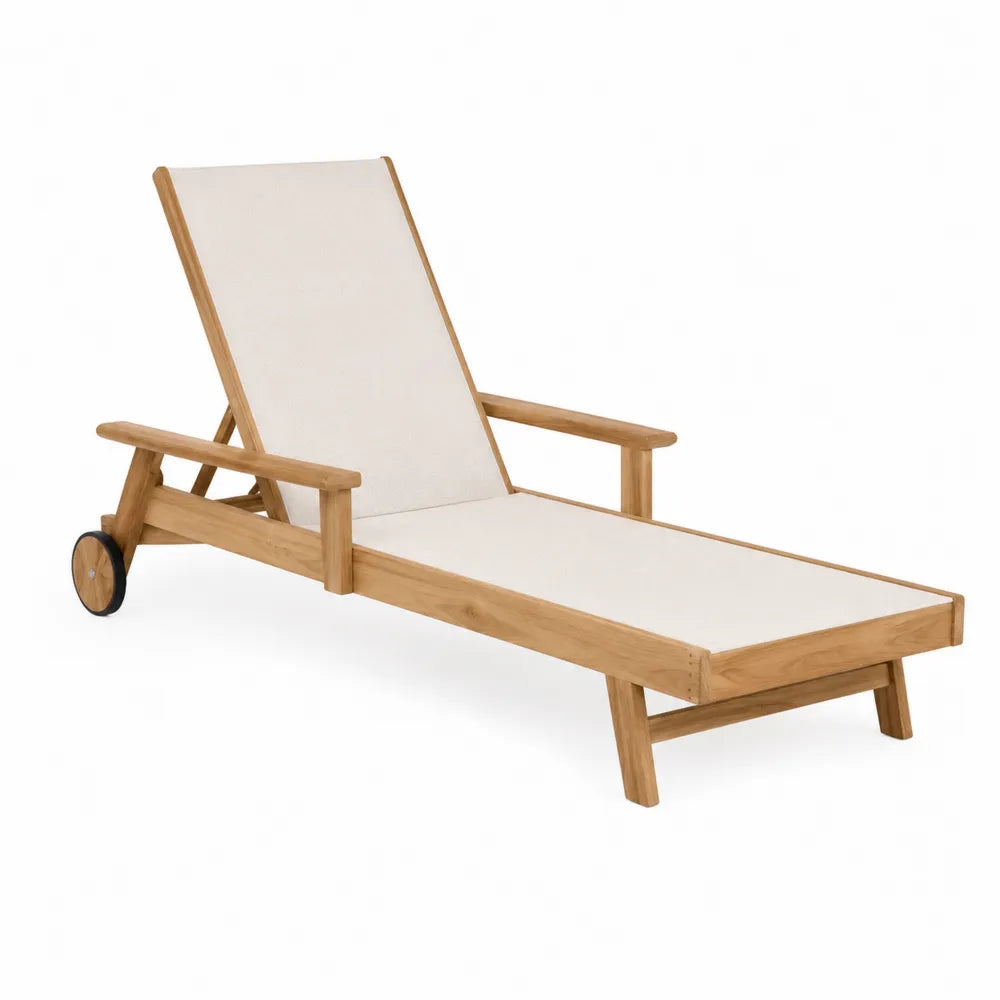 Lettino prendisole da esterno in legno massello di teak con ruote schienale regolabile e seduta in textilene beige 200 cm x 65 cm x 85 cm