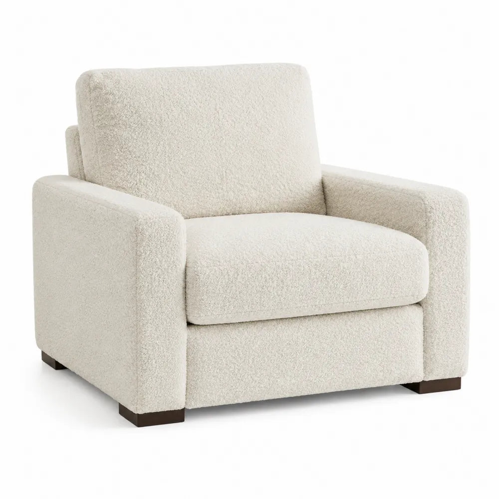 Poltrona imbottita in tessuto bouclé poliestere avorio con braccioli e piedini in legno scuro 85 x 90 x 80 cm