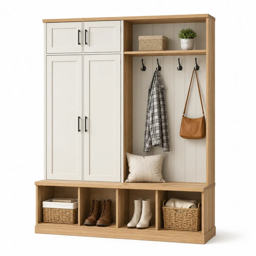 Mobile appendiabiti da ingresso con armadio panca e scarpiera 120 x 40 x 180 cm in MDF effetto legno naturale e bianco crema con ganci neri