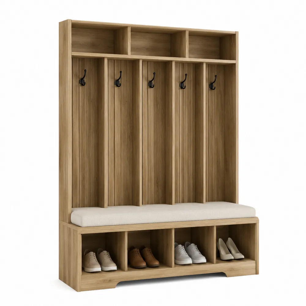 Mobile appendiabiti da ingresso con panca e scarpiera 120 x 40 x 180 cm in MDF effetto legno naturale con cuscino beige e ganci neri