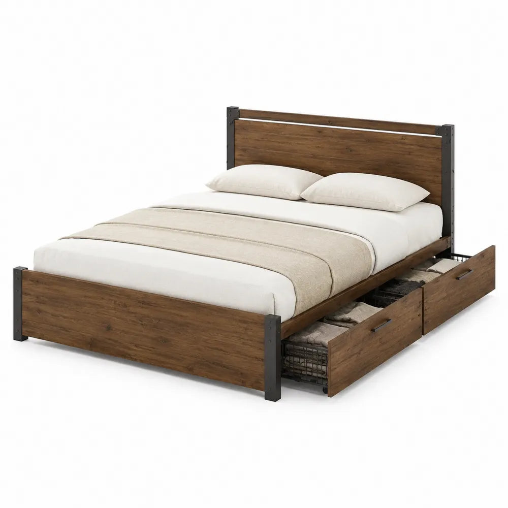 Letto matrimoniale in legno con struttura in metallo e cassetti contenitore 160 x 200 cm con testiera a doghe colore legno naturale e nero