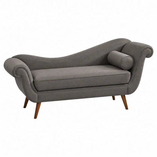 Chaise longue imbottita a 1 posto in tessuto poliestere grigio con braccioli arrotolati e gambe in legno 160 x 65 x 78 cm
