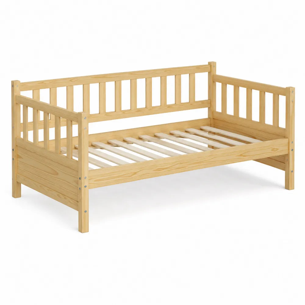 Letto singolo divanetto con sponde su tre lati in legno massello di pino naturale e rete a doghe 200 x 90 x 85 cm