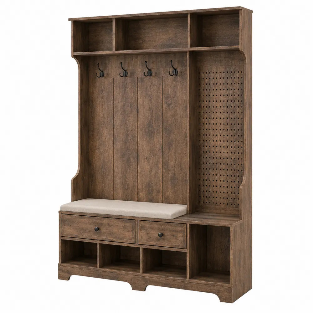 Mobile appendiabiti da ingresso con panca e 2 cassetti 100 x 40 x 180 cm in MDF effetto legno marrone con cuscino beige e dettagli neri