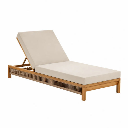 Chaise longue da esterno rettangolare in legno di acacia naturale con corda PE e cuscino beige schienale reclinabile 200 x 70 x 35-90 cm