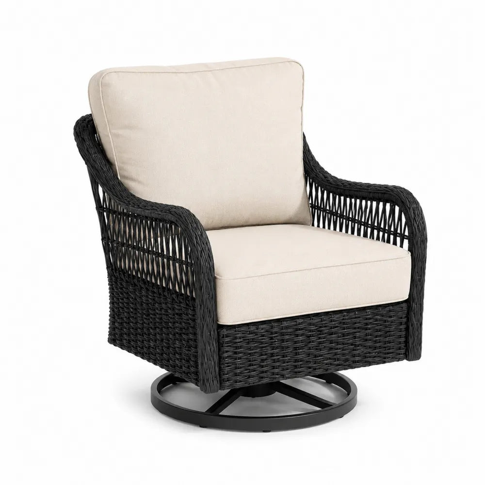 Poltrona da esterno girevole in rattan sintetico PE nero con cuscini beige e base in acciaio 80 x 85 x 95 cm