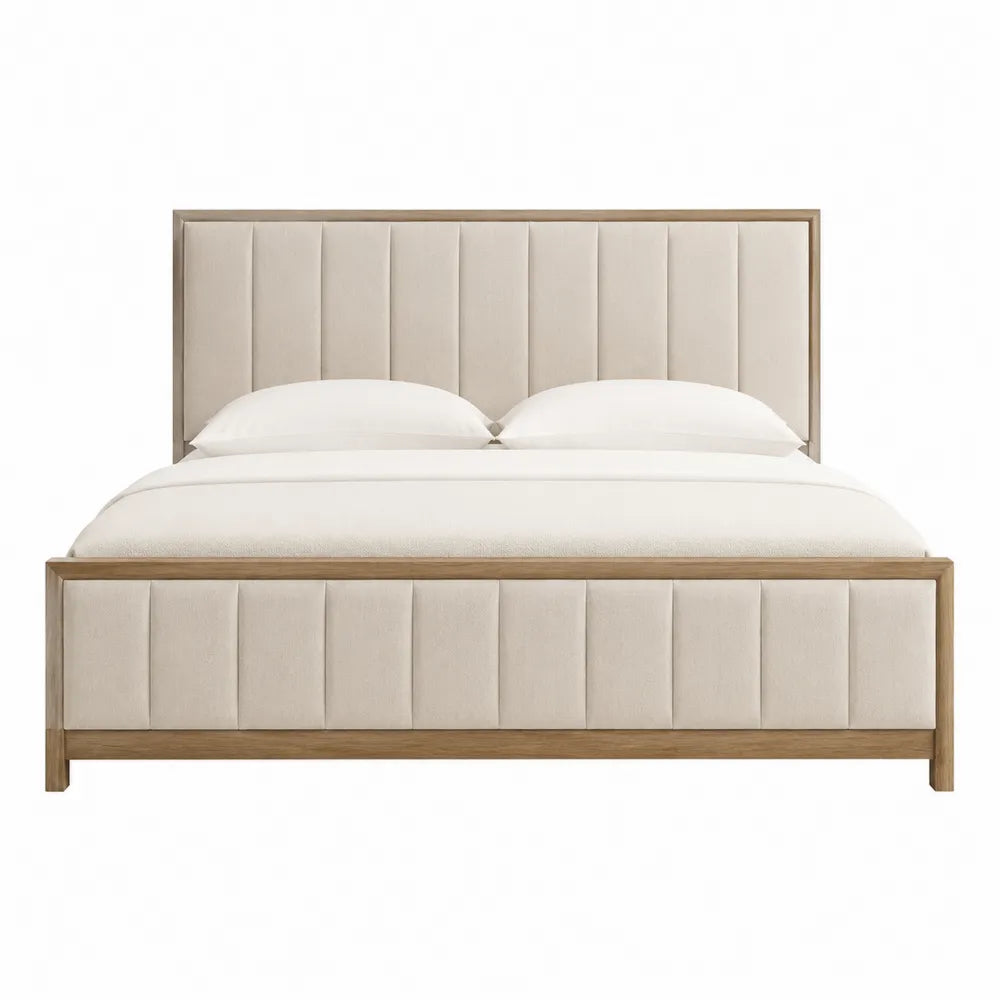 Letto matrimoniale imbottito in tessuto con struttura in legno rete a doghe testiera rettangolare imbottita beige e legno naturale 160 x 200 cm