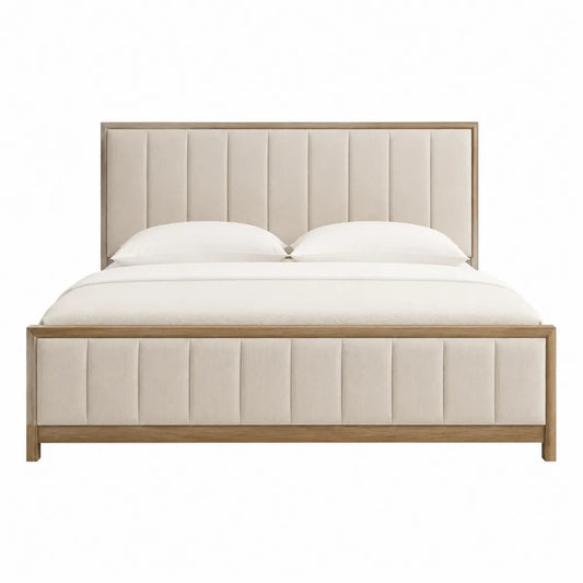Letto matrimoniale imbottito in tessuto con struttura in legno rete a doghe testiera rettangolare imbottita beige e legno naturale 160 x 200 cm