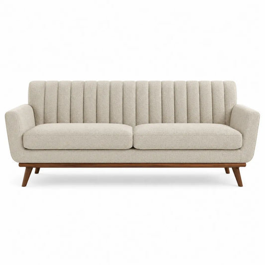 Divano a tre posti in tessuto poliestere effetto bouclé struttura in legno massello colore beige dimensioni 220x90x80 cm