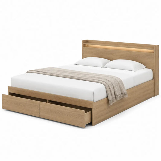 Letto matrimoniale 160 x 200 cm con cassetti e testiera contenitore in MDF effetto legno naturale 210 x 170 x 105 cm