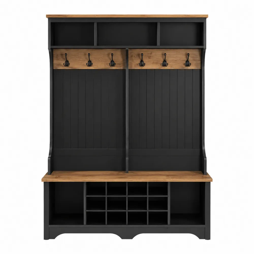 Appendiabiti da ingresso rettangolare con scarpiera panca 6 ganci e ripiani in truciolare melaminico nero ed effetto legno naturale 120 x 40 x 180 cm