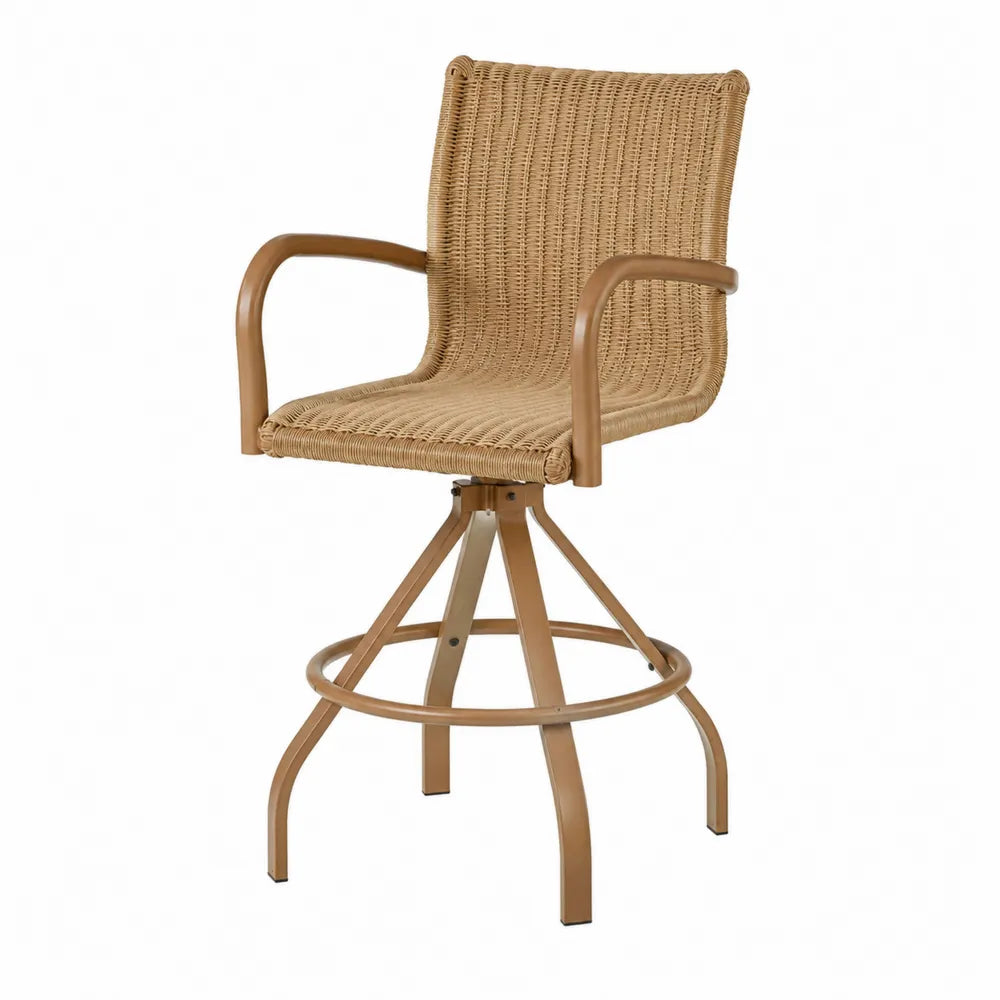 Sedia alta girevole da esterno in rattan sintetico PE naturale con braccioli e struttura in acciaio marrone chiaro 60 x 60 x 95 cm