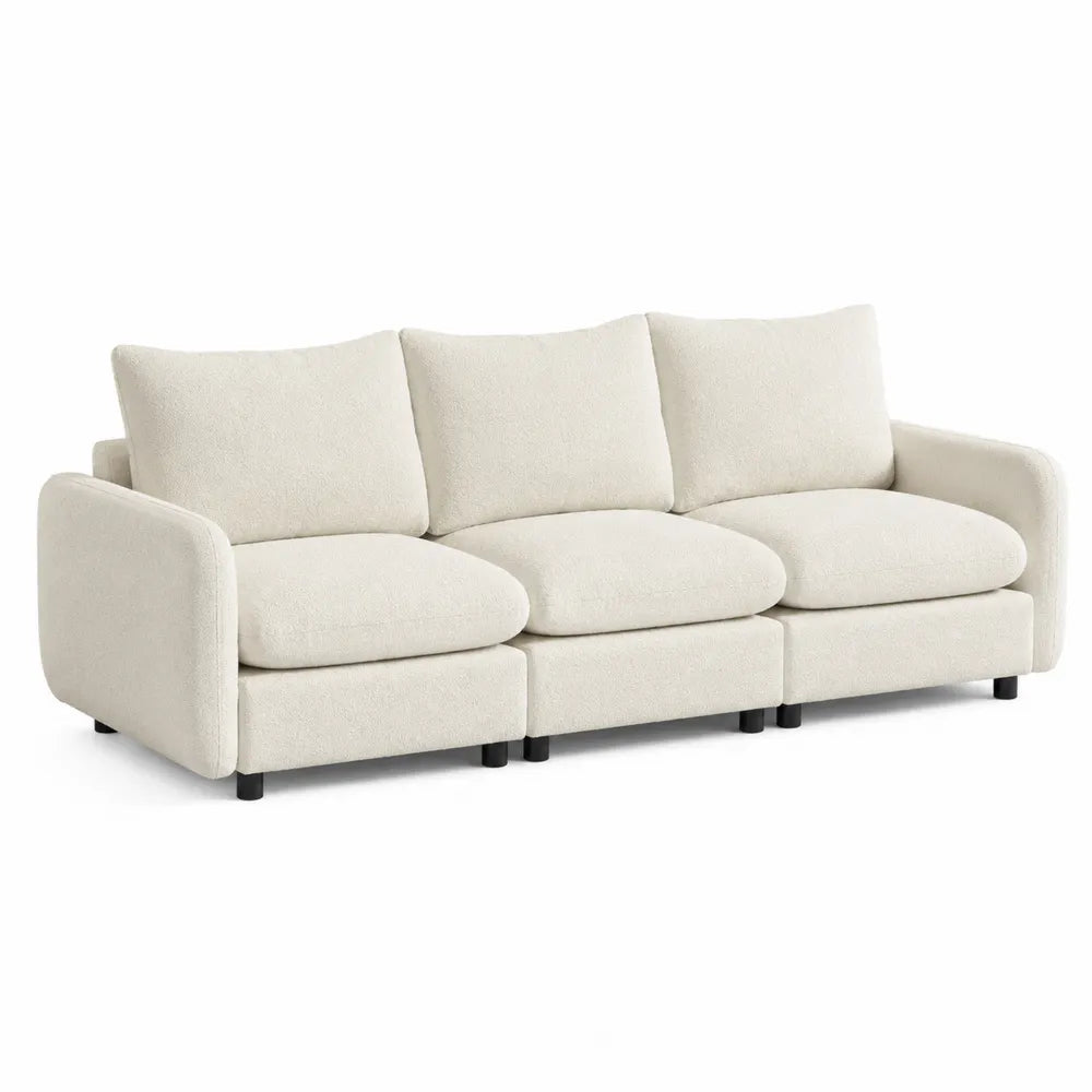 Divano a 3 posti in tessuto bouclé poliestere avorio con braccioli imbottiti e piedini neri 240 x 90 x 85 cm