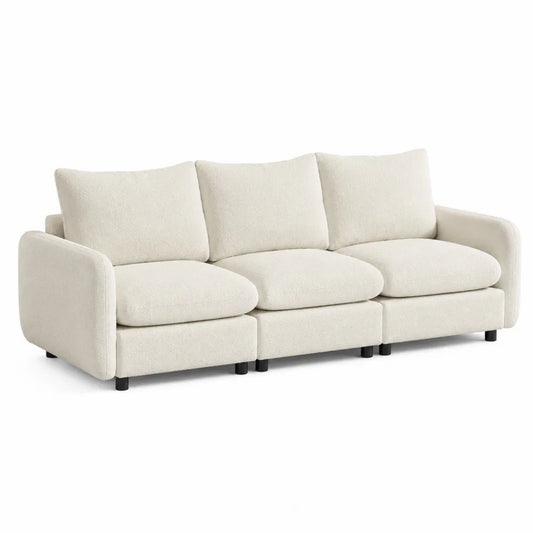 Divano a 3 posti in tessuto bouclé poliestere avorio con braccioli imbottiti e piedini neri 240 x 90 x 85 cm