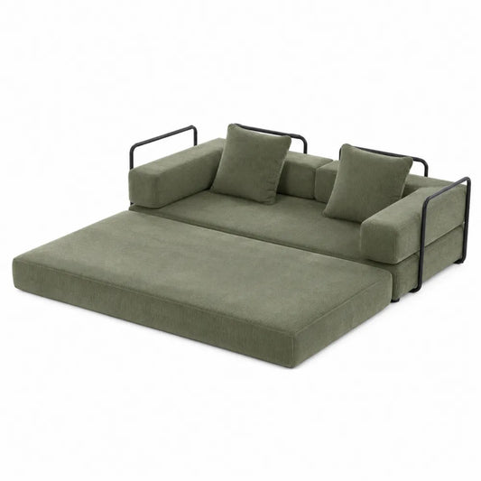 Divano letto modulare con chaise longue in tessuto poliestere velluto a coste verde oliva e telaio tubolare nero 240 x 150 x 75 cm