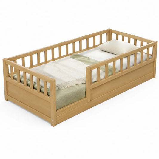 Letto singolo per bambini con sponde di sicurezza in legno massello di pino naturale e rete a doghe 90 x 190 cm
