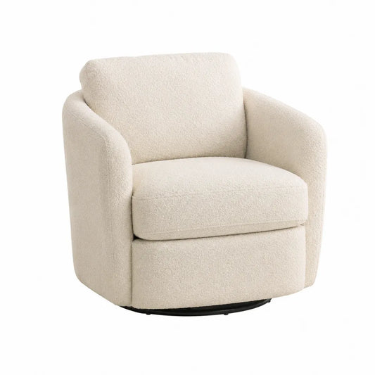 Poltrona girevole imbottita in tessuto bouclé beige con base circolare in metallo nero e struttura moderna 75x75x78 cm