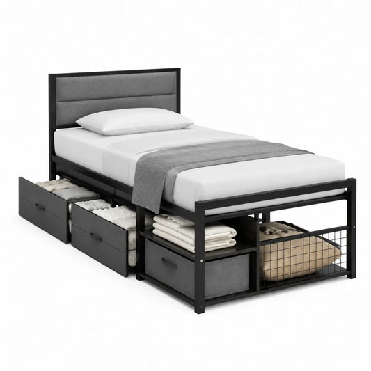 Letto singolo in acciaio verniciato nero con rete a doghe 90 x 200 cm con contenitori estraibili e testiera imbottita grigia