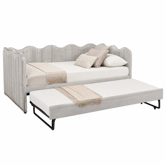 Letto singolo divanetto con letto estraibile in tessuto a coste grigio chiaro e struttura in metallo nero 200 x 90 cm