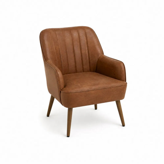 Poltrona imbottita con braccioli in similpelle PU marrone cognac con gambe in legno 75 x 75 x 78 cm