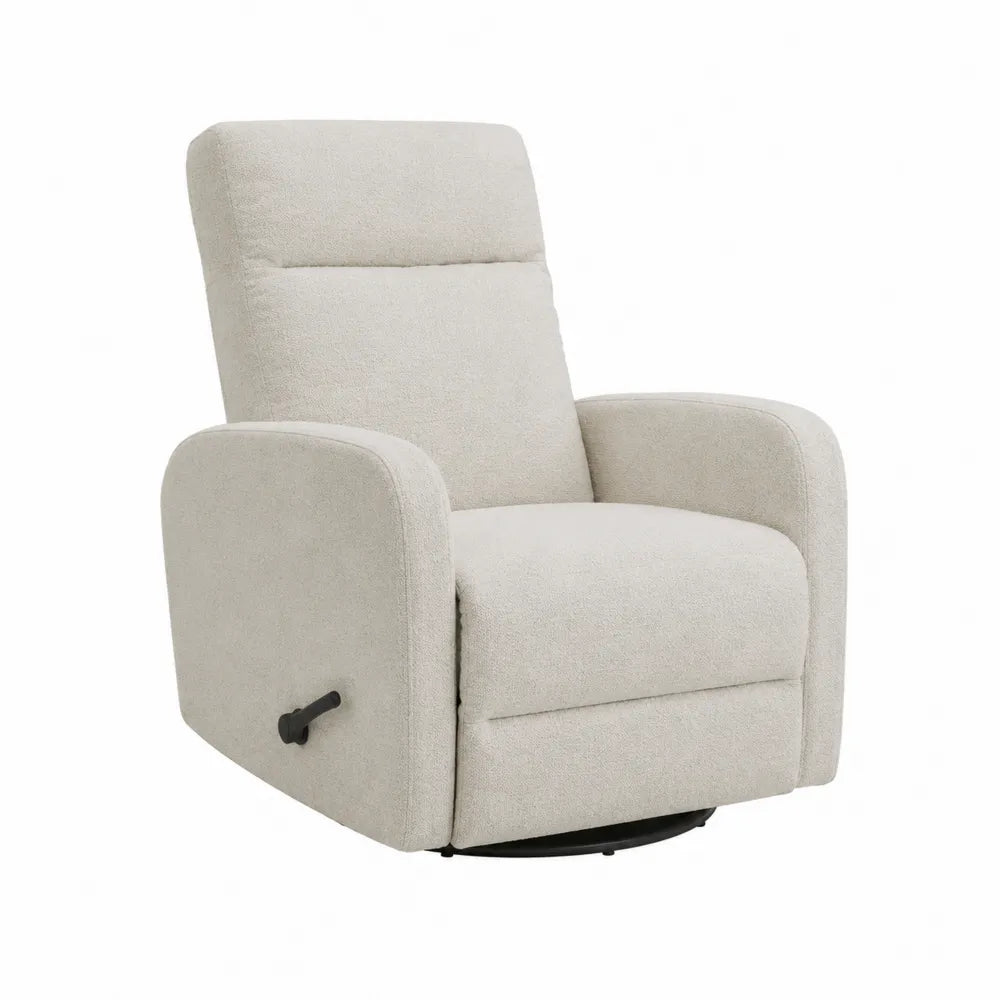 Poltrona reclinabile girevole con braccioli in tessuto bouclé beige chiaro e base rotonda in metallo nero 80 x 90 x 100 cm