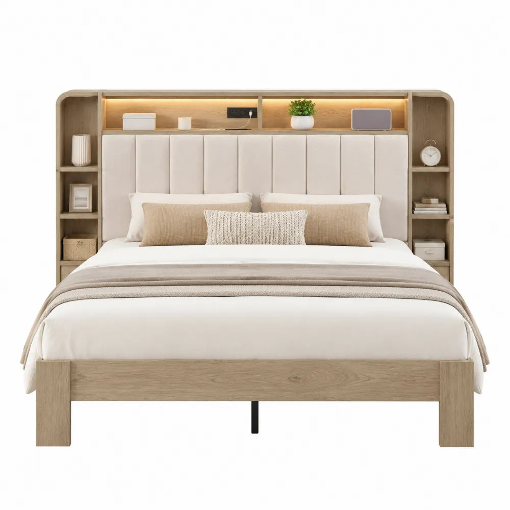 Letto matrimoniale 160 x 200 cm con testiera libreria integrata illuminazione LED e pannelli imbottiti in MDF effetto legno naturale beige