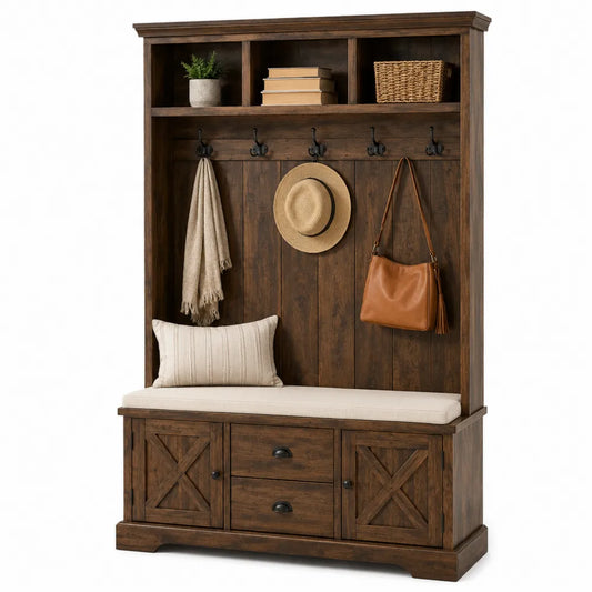 Mobile appendiabiti da ingresso con panca armadio e cassetti 130 x 40 x 185 cm in MDF effetto noce scuro marrone con cuscino beige e ganci neri