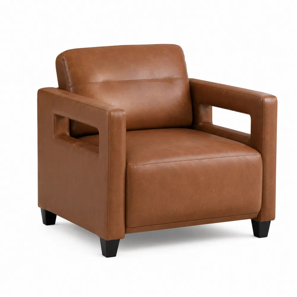 Poltrona imbottita con braccioli aperti in similpelle PU marrone cuoio con gambe nere 80 x 80 x 78 cm