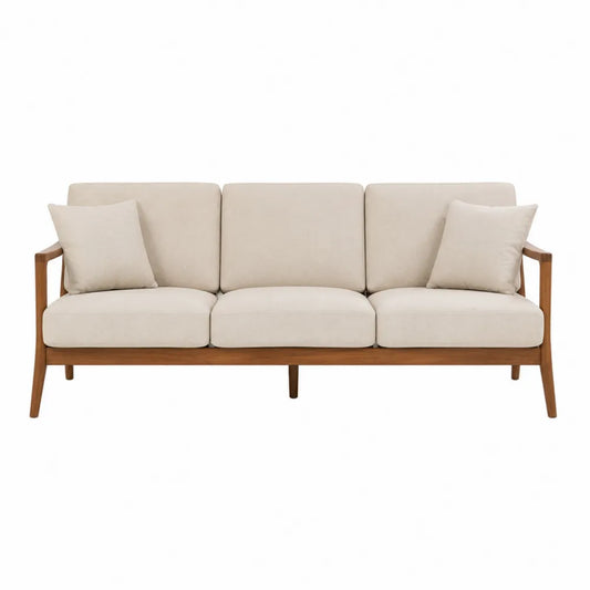 Divano a 3 posti in tessuto poliestere beige con struttura in legno naturale braccioli aperti e cuscini 200 x 85 x 80 cm