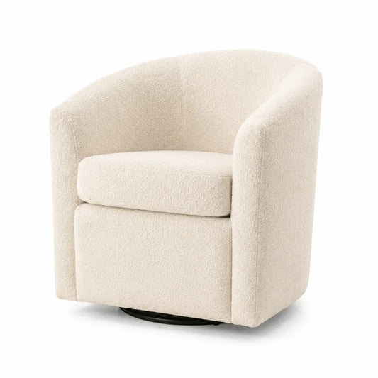 Poltrona girevole imbottita in tessuto bouclé crema con base rotante nera stile moderno