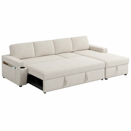 Divano letto angolare con chaise longue in velluto a coste poliestere avorio con braccioli e dettagli neri 260 x 160 x 85 cm