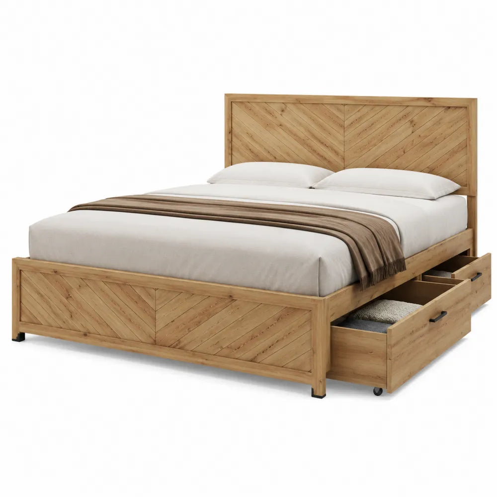 Letto matrimoniale 140 x 200 cm con cassetti laterali in MDF effetto legno naturale e testiera a spina di pesce 205 x 145 x 100 cm