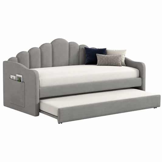Letto singolo imbottito in tessuto grigio con letto estraibile 90 x 200 cm struttura in legno e rete a doghe con testiera ondulata