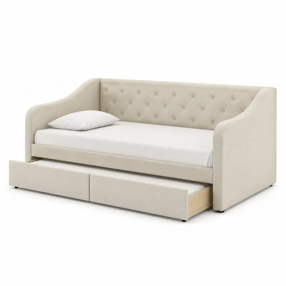 Letto singolo imbottito tipo divano 90 x 190 cm in tessuto poliestere beige con due cassetti e schienale trapuntato