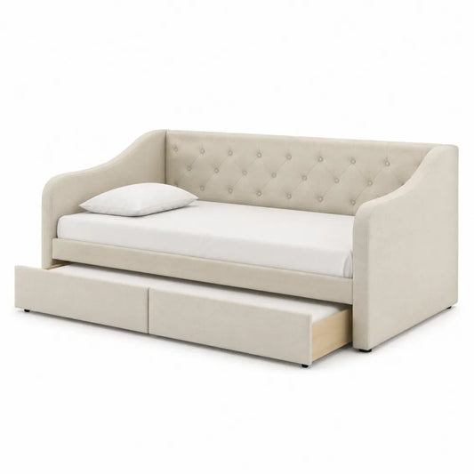 Letto singolo imbottito tipo divano 90 x 190 cm in tessuto poliestere beige con due cassetti e schienale trapuntato