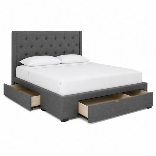 Letto matrimoniale contenitore in tessuto grigio con cassetti laterali e testiera imbottita capitonné 160 x 200 cm struttura in legno e metallo