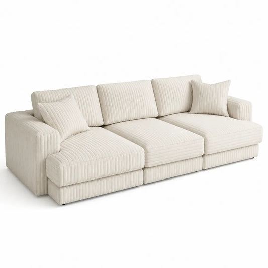Divano angolare modulare con chaise longue rivestimento in tessuto poliestere effetto corda colore beige struttura in legno e imbottitura in schiuma dimensioni 260x160x85 cm