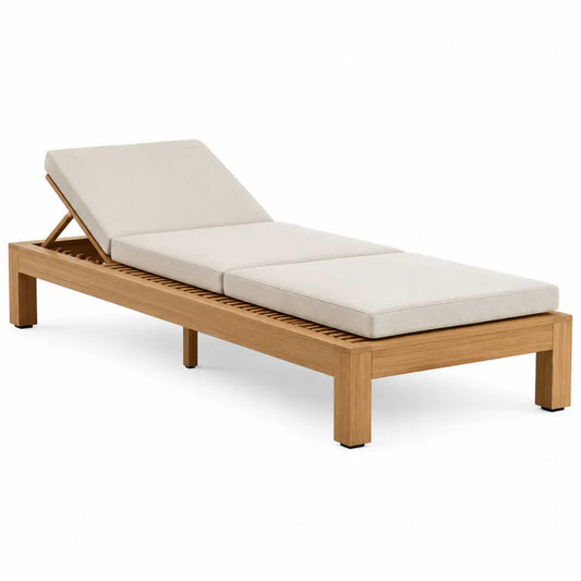 Lettino prendisole chaise longue da esterno rettangolare 200 x 70 cm in legno massello di acacia marrone naturale con cuscini beige e schienale reclinabile