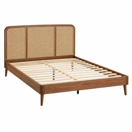 Letto matrimoniale rettangolare 160 x 200 cm in legno colore noce con testiera in rattan beige e rete a doghe