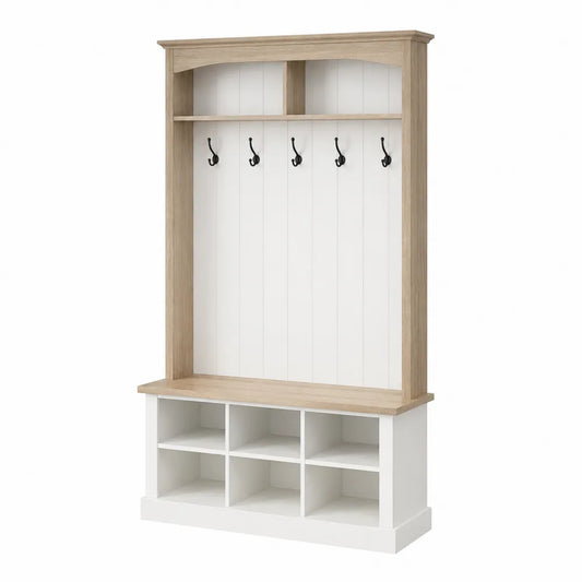 Appendiabiti da ingresso rettangolare con panca scarpiera 5 ganci in MDF e truciolare bianco effetto rovere naturale 120 x 40 x 180 cm