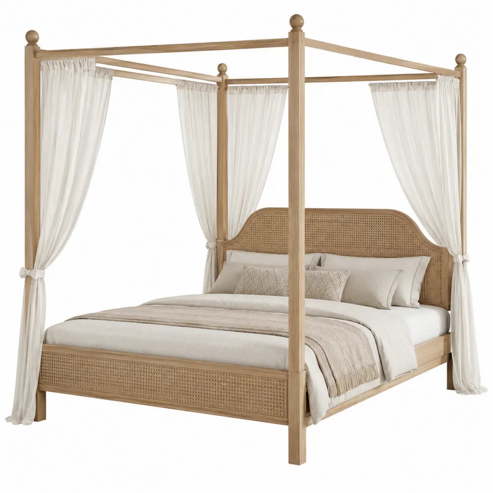 Letto a baldacchino matrimoniale in legno massello con testiera in rattan naturale e tende bianche 160 x 200 cm colore legno naturale