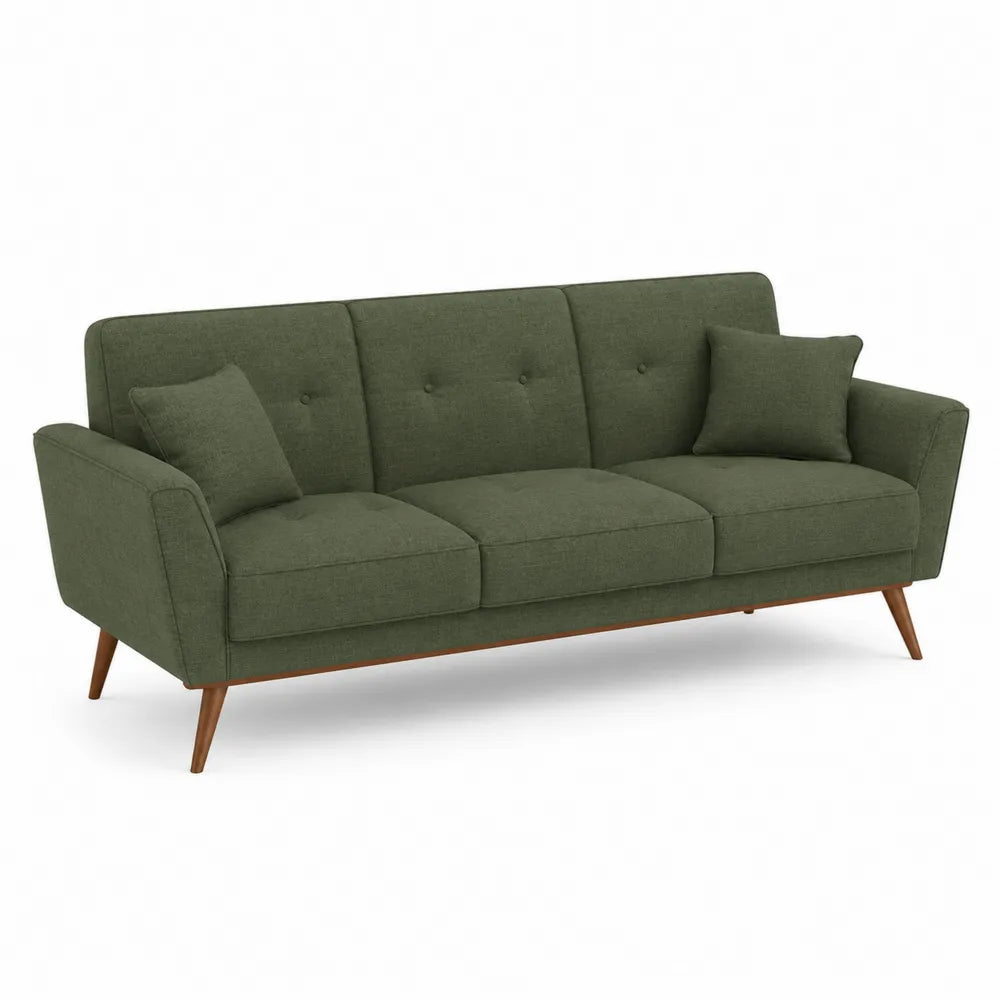 Divano a 3 posti in tessuto poliestere verde oliva con schienale trapuntato cuscini e gambe in legno 200 x 82 x 82 cm