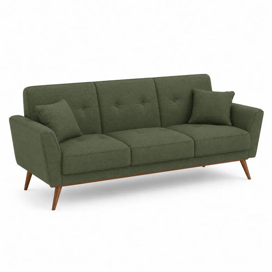 Divano a 3 posti in tessuto poliestere verde oliva con schienale trapuntato cuscini e gambe in legno 200 x 82 x 82 cm