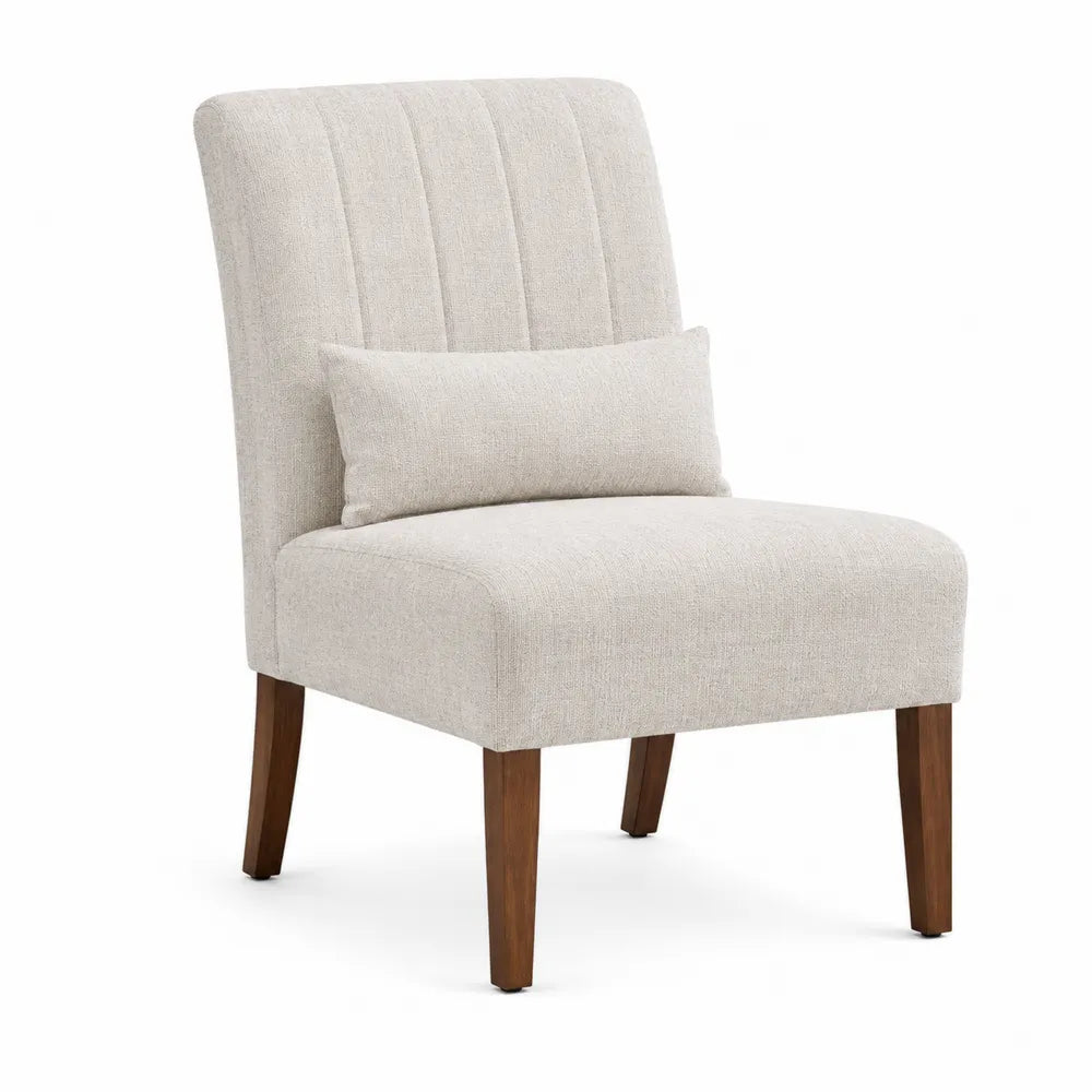 Sedia imbottita con schienale a cuciture verticali e cuscino rettangolare in tessuto poliestere effetto lino beige con gambe in legno 58 x 62 x 85 cm