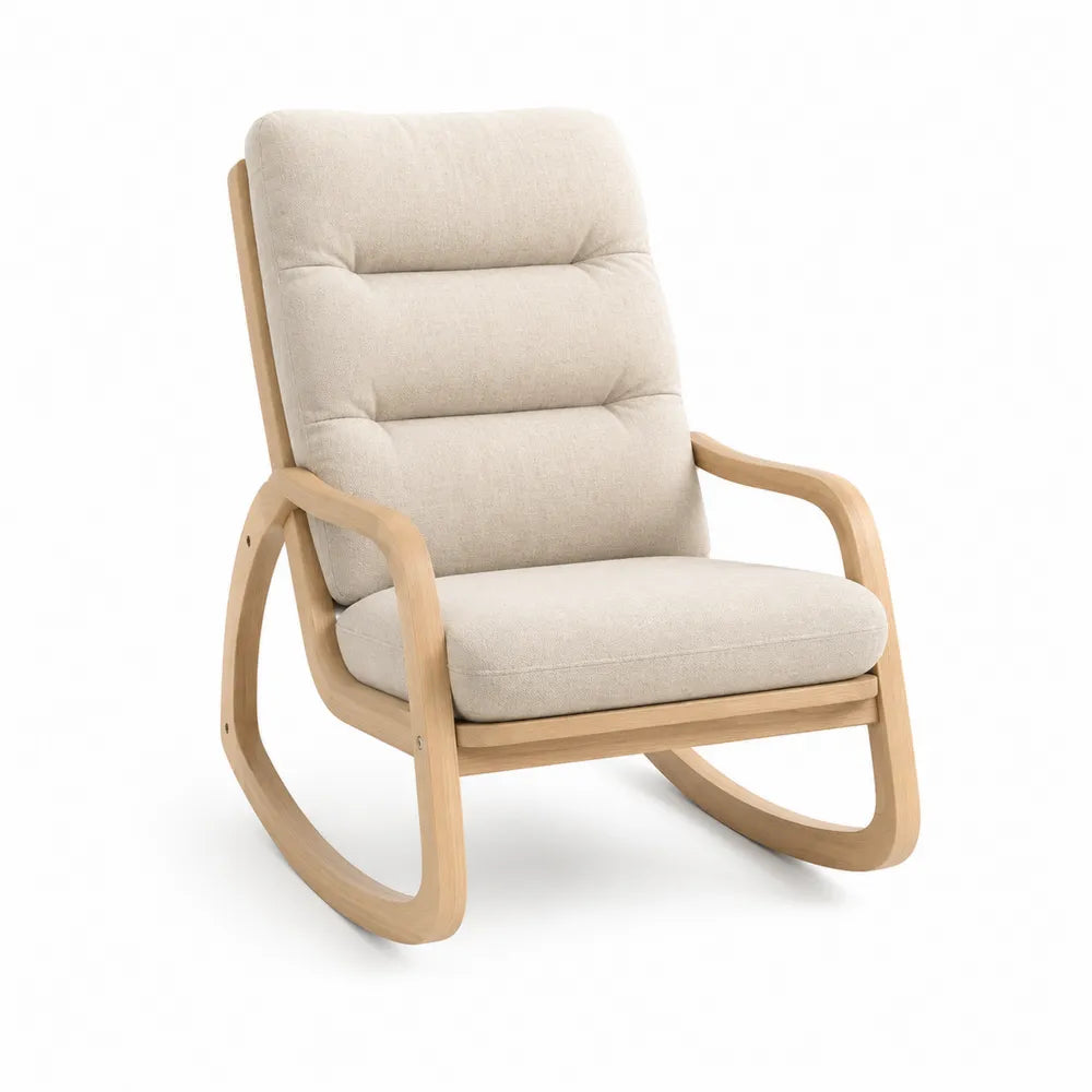Poltrona a dondolo in legno massello con seduta imbottita in tessuto bouclé colore beige e struttura in legno naturale stile moderno circa 70x85x90 cm
