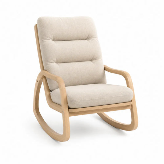 Poltrona a dondolo in legno massello con seduta imbottita in tessuto bouclé colore beige e struttura in legno naturale stile moderno circa 70x85x90 cm