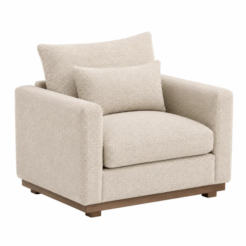 Poltrona imbottita con braccioli in tessuto bouclé beige chiaro con cuscino rettangolare e base in legno 85 x 80 x 78 cm