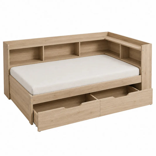 Letto singolo rettangolare 90 x 200 cm in truciolare e MDF rovere chiaro con cassetti e vani a giorno